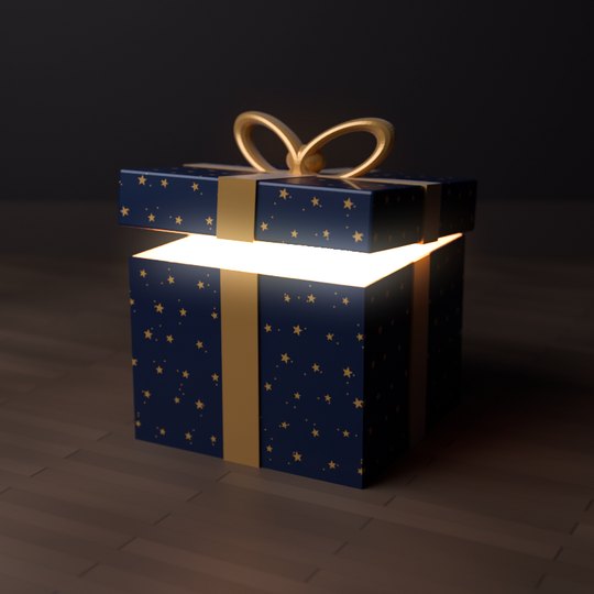 A gift wrapped in dark blue star paper, its lid lifted, warm light glowing inside